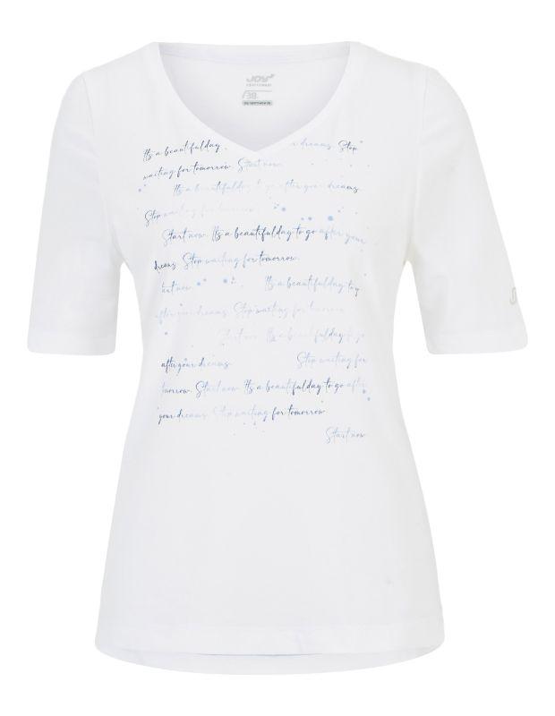 Joy Sportswear T-Shirt ARIA T-Shirt mit V-Ausschnitt und sanftem Schrift-Print Fabrikverkauf