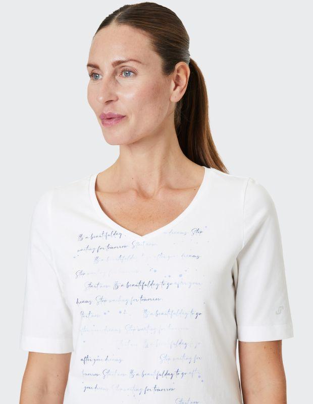 Joy Sportswear T-Shirt ARIA T-Shirt mit V-Ausschnitt und sanftem Schrift-Print Fabrikverkauf