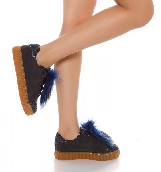 Koucla Trendy Plateau Sneakers mit Glitzer und fake Fell Kostenloser Versand international
