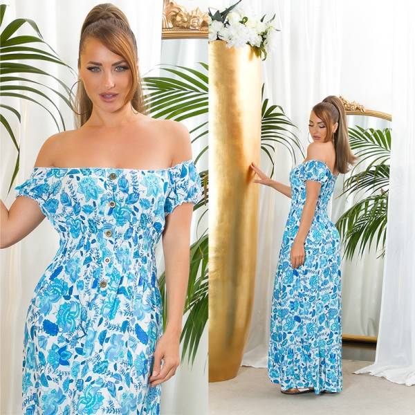 Koucla Sexy off-shoulder Sommer Maxikleid mit Deko Knöpfen Fabrikpreis