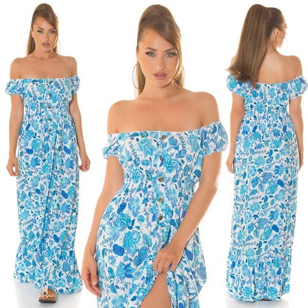 Koucla Sexy off-shoulder Sommer Maxikleid mit Deko Knöpfen Fabrikpreis