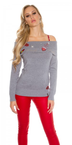 Koucla Sexy Koucla Pulli schulterfrei m.Strass+Aufnähern Bestseller