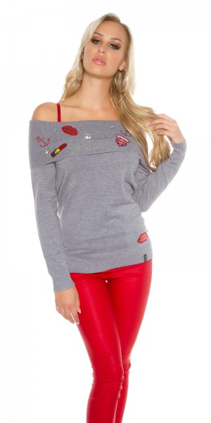 Koucla Sexy Koucla Pulli schulterfrei m.Strass+Aufnähern Bestseller