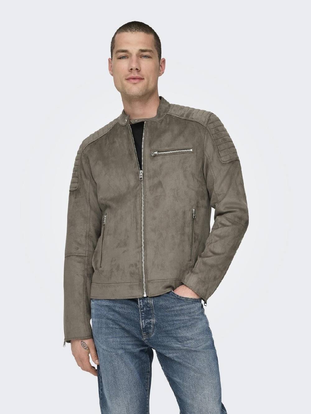 Only & Sons ONSGUS FAUX SUEDE RACER JACKET (Falcon) Zeitlich begrenztes Angebot