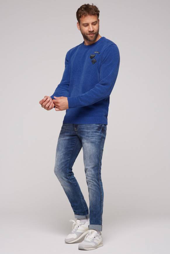 Soccx Chenille-Pullover Stone Washed mit Patches strong blue Speichern exportieren