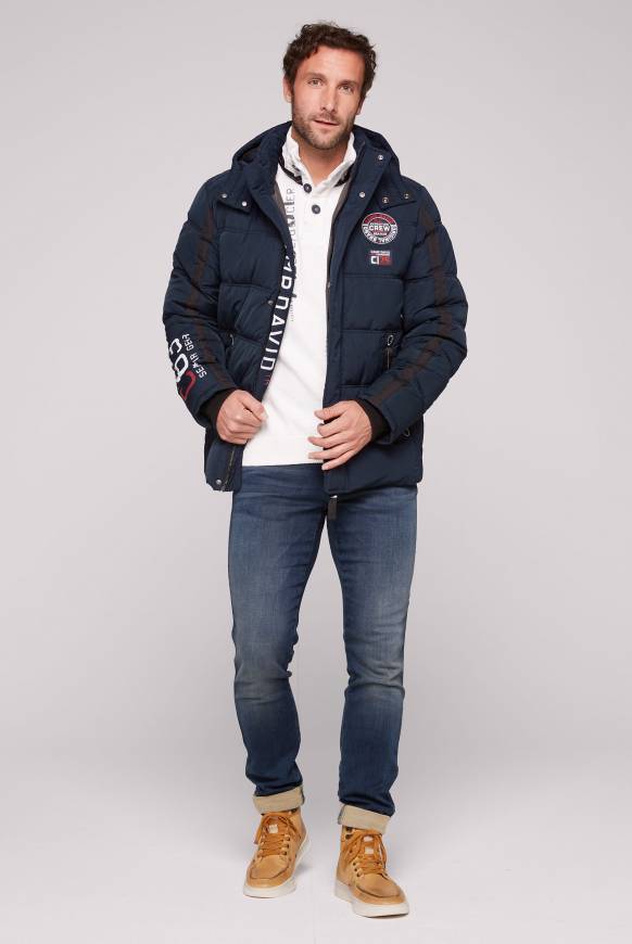 Soccx Lange Steppjacke mit Kapuze und Rücken-Artwork blue navy im Angebot