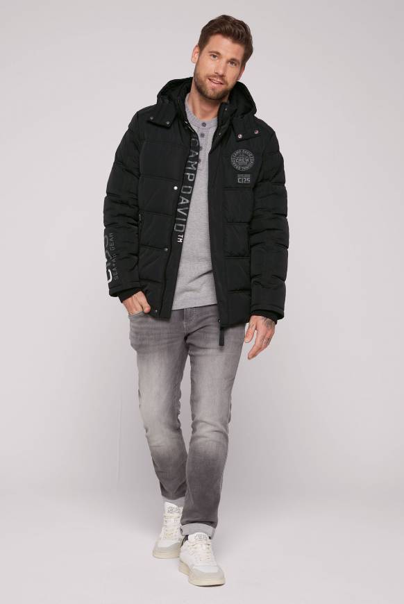 Soccx Lange Steppjacke mit Kapuze und Rücken-Artwork black Fabrikverkauf
