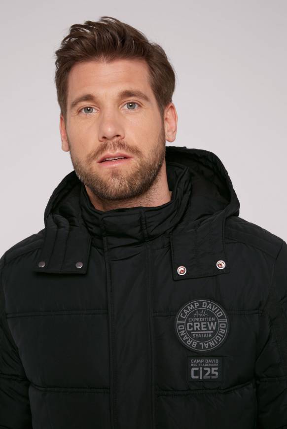 Soccx Lange Steppjacke mit Kapuze und Rücken-Artwork black Fabrikverkauf