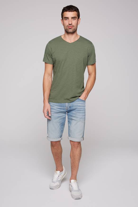 Soccx Basic T-Shirt V-Neck mit Used-Kante green olive Rabatte dieses Monats