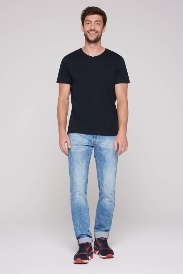 Soccx Basic T-Shirt V-Neck mit Used-Kante blue navy Riesige Rabatte
