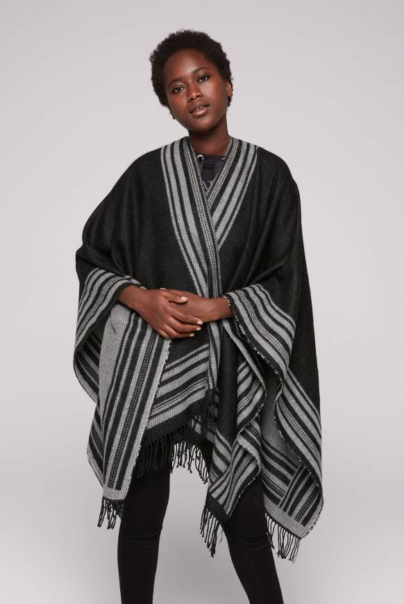 Soccx Poncho mit Streifen-Design und Fransen black / grey Flash Sale