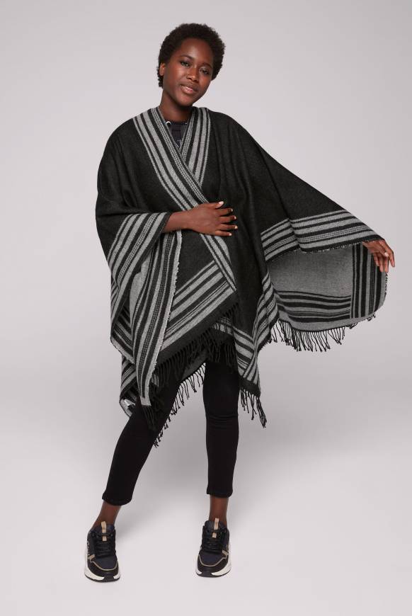 Soccx Poncho mit Streifen-Design und Fransen black / grey Verkauf