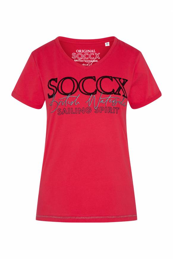 Soccx T-Shirt mit V-Ausschnitt und Glitter Print clear red Tägliche Deals