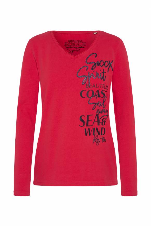 Soccx Longsleeve mit V-Ausschnitt und Glitter-Puff-Prints clear red VIP-Rabatte