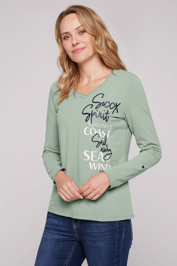 Soccx Longsleeve mit V-Ausschnitt und Glitter-Puff-Prints muted aqua Kostenlose Rückgabe