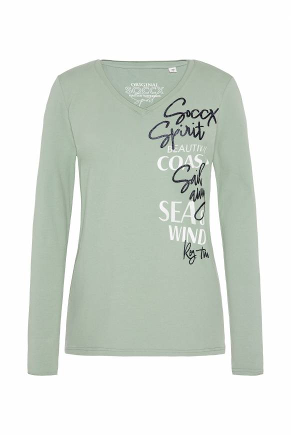 Soccx Longsleeve mit V-Ausschnitt und Glitter-Puff-Prints muted aqua Kostenlose Rückgabe