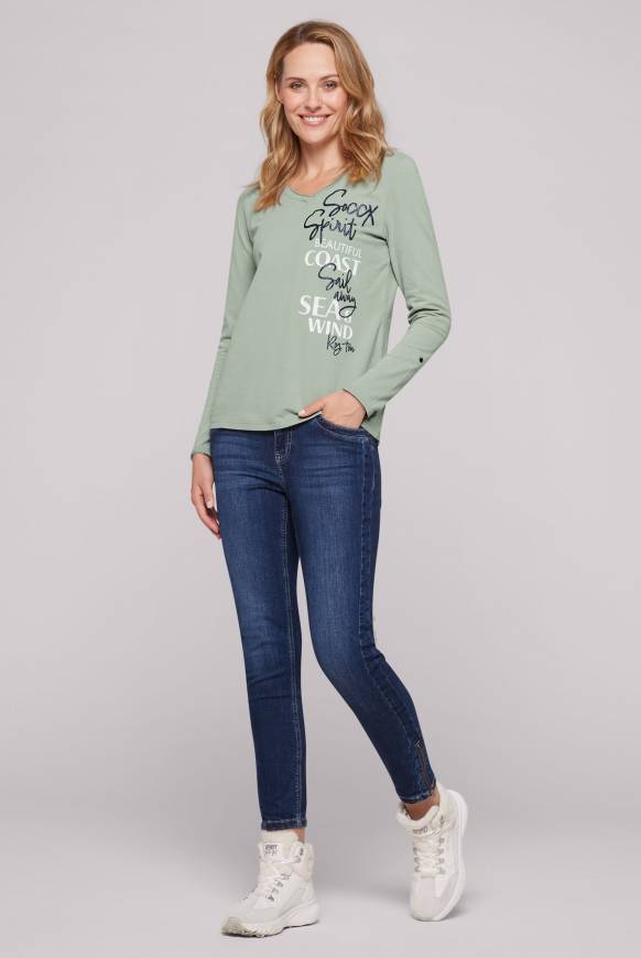 Soccx Longsleeve mit V-Ausschnitt und Glitter-Puff-Prints muted aqua Kostenlose Rückgabe