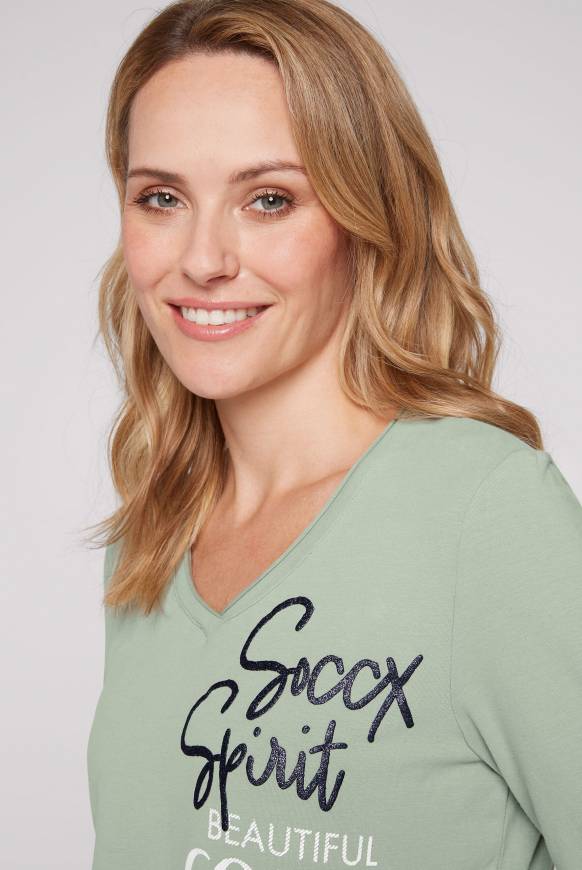 Soccx Longsleeve mit V-Ausschnitt und Glitter-Puff-Prints muted aqua Kostenlose Rückgabe