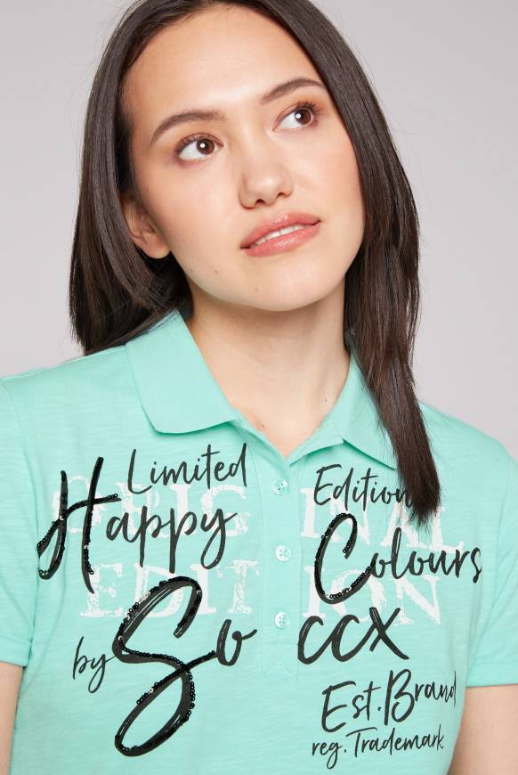 Soccx Kurzarmpolo mit Print und Pailletten neo aqua Black Friday Preise