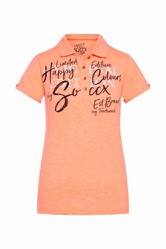 Soccx Kurzarmpolo mit Print und Pailletten neon orange Im Verkauf