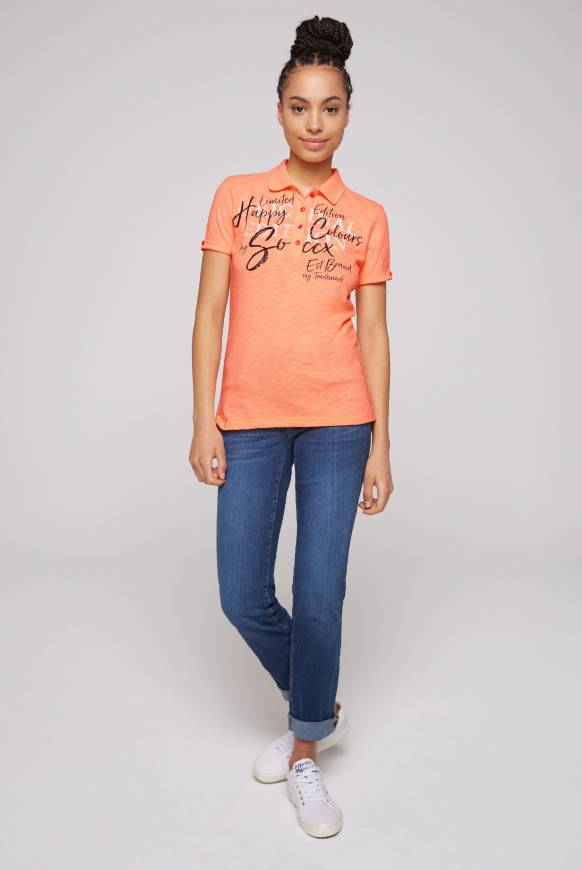 Soccx Kurzarmpolo mit Print und Pailletten neon orange Im Verkauf