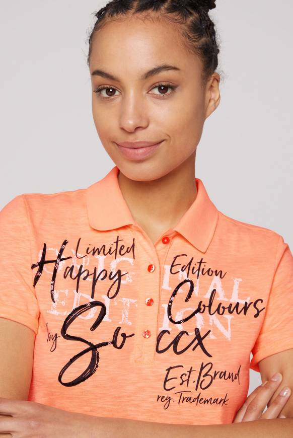Soccx Kurzarmpolo mit Print und Pailletten neon orange Im Verkauf