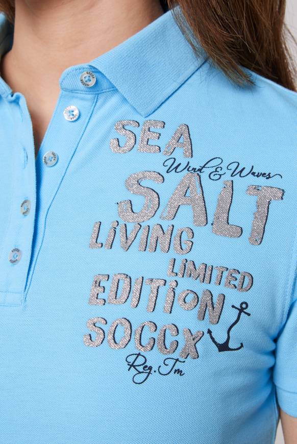 Soccx Poloshirt aus Pikee mit Glitter Print aqua 50% Rabatt für begrenzte Zeit